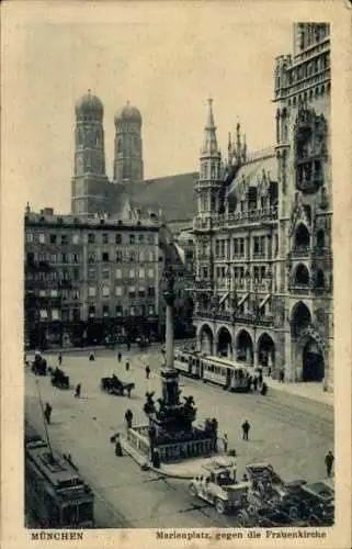 Ak München Bayern, Marienplatz mit Mariensäule, Straßenbahn