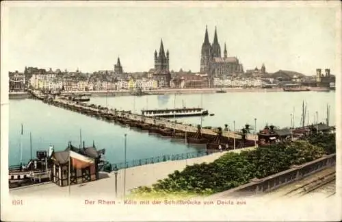 Ak Köln am Rhein, Blick von Deutz, Rhein, Schiffbrücke