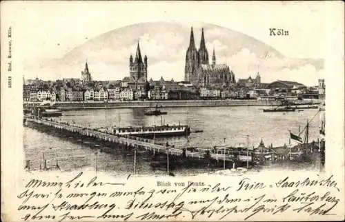 Ak Köln am Rhein, Blick von Deutz, Schiffbrücke, Dom