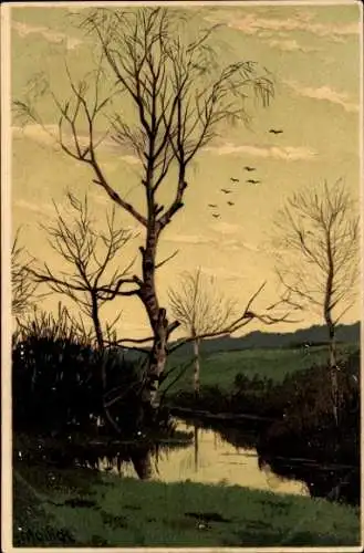 Künstler Litho Mailick, Birken, Fluss, Vögel