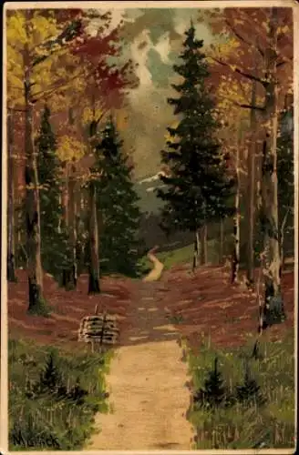 Künstler Litho Mailick, Wald, Bäume, Straße, Holz