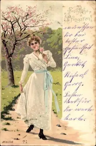 Künstler Litho Mailick, Glückwunsch Pfingsten, Frau in weißem Kleid, Blühender Baum