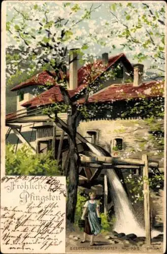 Künstler Litho Mailick, Glückwunsch Pfingsten, Mädchen am Wassertragen