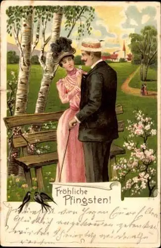 Litho Glückwunsch Pfingsten, Liebespaar, Sitzbank, Birken