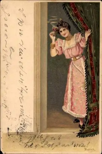 Künstler Litho Mailick, Frau mit Punschglas