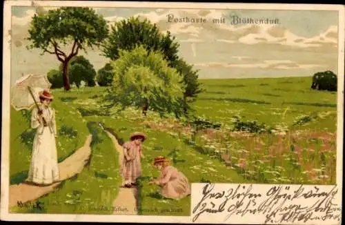 Künstler Litho Mailick, Frau mit Kindern gehen spazieren, Wiese, Sonnenschirm