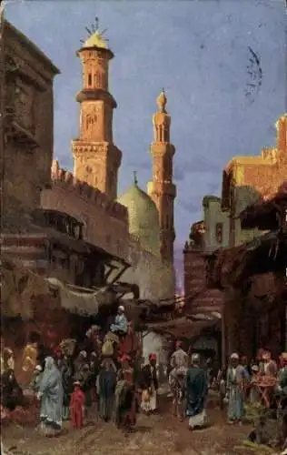 Künstler Ak Wuttke, Cairo Kairo Ägypten, Straßenpartie, Minarett, Einheimische