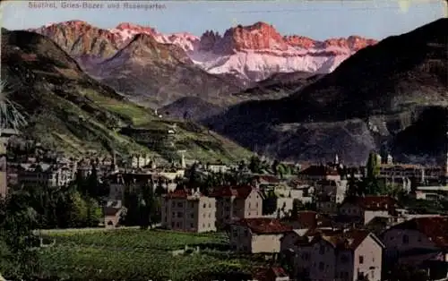 Ak Gries Bozen Südtirol, Blick auf die Stadt mit dem Rosengarten