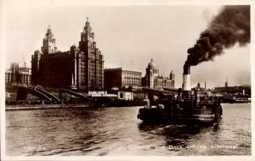 Ak Liverpool Merseyside England, Liver, Cunard and Dock Offices, Ferry, Fähre