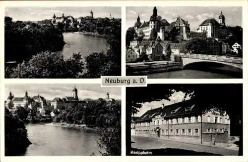 Ak Neuburg an der Donau Oberbayern, Teilansicht, Kneippheim, Brücke