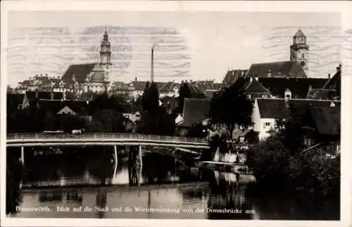 Ak Donauwörth in Schwaben Bayern, Teilansicht von der Donaubrücke aus, Wörnitzmündung
