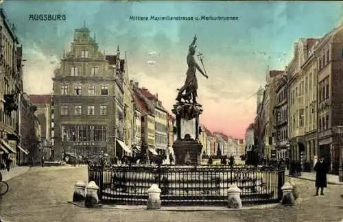 Ak Augsburg in Schwaben, Mittlere Maximilianstraße, Merkurbrunnen