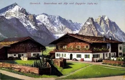 Ak Garmisch Partenkirchen in Oberbayern, Alpspitze, Zugspitze, Bauernhaus