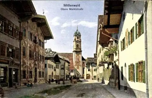 Ak Mittenwald im Kreis Garmisch Partenkirchen, Die obere Marktstraße