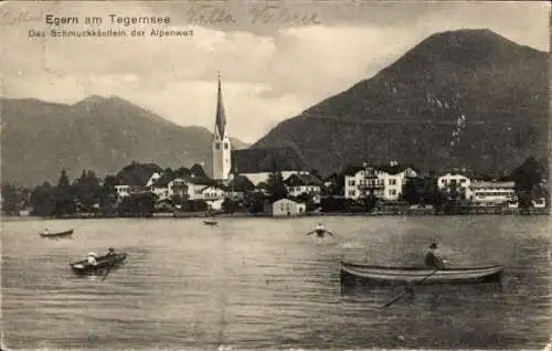 Ak Egern am Tegernsee Oberbayern, Teilansicht, Ruderboot, Kirche