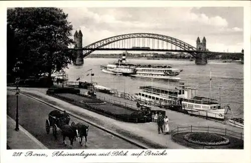 Ak Bonn am Rhein, Rheinanlagen, Brücke, Dampfer, Kutsche