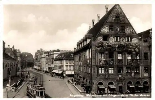 Ak Augsburg in Schwaben, Weberhaus, Bürgermeister Fischerstraße, Straßenbahn