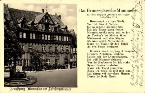 Ak Braunschweig in Niedersachsen, Mummelhaus, Eulenspiegelbrunnen, Gedicht