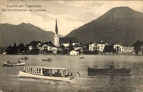 Ak Egern am Tegernsee Oberbayern, Gesamtansicht, Ausflugsboot