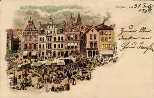 Litho Hansestadt Bremen, Marktplatz, Marktstände