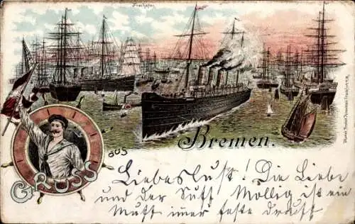 Litho Hansestadt Bremen, Freihafen, Schiffe, Seemann mit Fahne