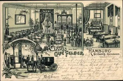 Litho Hamburg Mitte St. Georg, Cafe Felber, Steindamm, Innenansicht, Billard, Kutsche