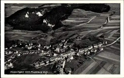 Ak Hossingen Meßstetten im Zollernalbkreis, Fliegeraufnahme, Gasthof Brauerei Zum Lamm