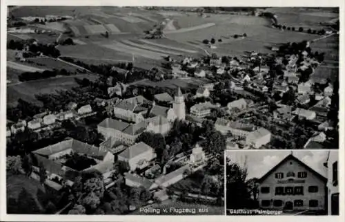 Ak Polling im Kreis Mühldorf am Inn Oberbayern, Fliegeraufnahme des Ortes, Gasthaus Palmberger