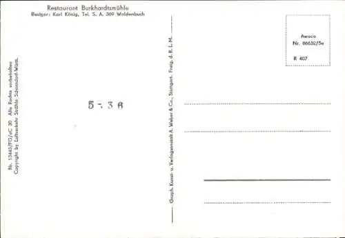 Ak Waldenbuch in Württemberg, Fliegeraufnahme, Restaurant Burkhardtsmühle, Reichenbachtal