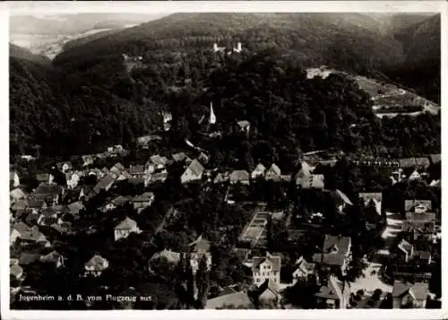 Ak Seeheim Jugenheim, Luftaufnahmen, Blick über den Ort und das Umland, Wald