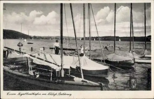 Ak Bredeney Essen im Ruhrgebiet, Segelboothafen am Schloss Baldeney, Boote am Anleger