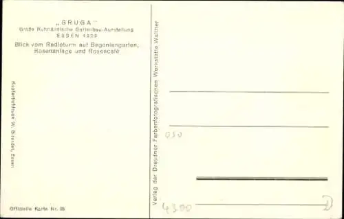 Ak Essen im Ruhrgebiet, Gruga 1929, Blick vom Radioturm, Begoniengarten, Rosenanlage, Rosencafe