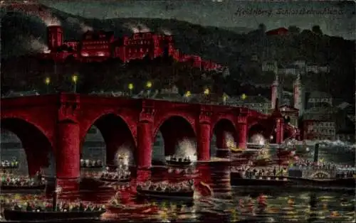 Ak Heidelberg am Neckar, Schloss, Nacht, Beleuchtung, Brücke, Schiffe, Personen