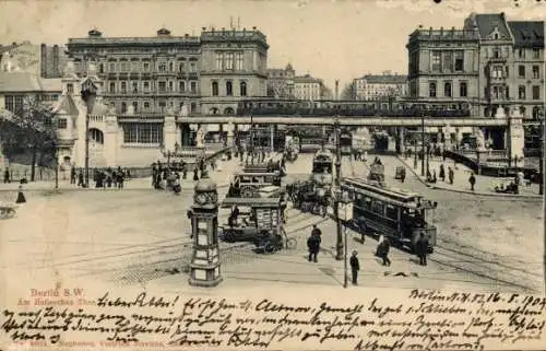 Ak Berlin Kreuzberg, Hallesches Tor, Straßenbahnen, Hochbahn, Brücke