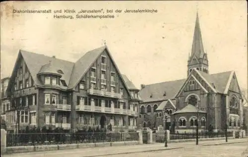 Ak Hamburg Eimsbüttel, Diakonissenanstalt und Klinik Jerusalem, Kirche, Schäferkampsallee