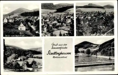 Ak Siedlinghausen Winterberg im Sauerland, Teilansicht vom Ort, Schwimmbad, Meisterstein
