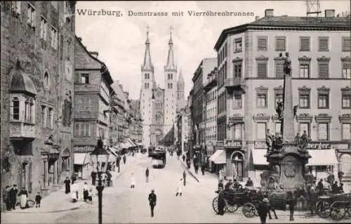 Ak Würzburg am Main Unterfranken, Domstraße, Vierröhrenbrunnen, Straßenbahn