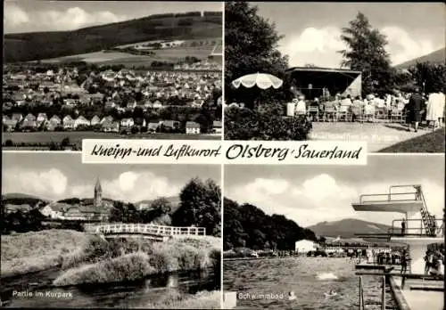 Ak Olsberg im Sauerland, Kurpark, Schwimmbad, Musikpavillon im Kurpark, Panorama