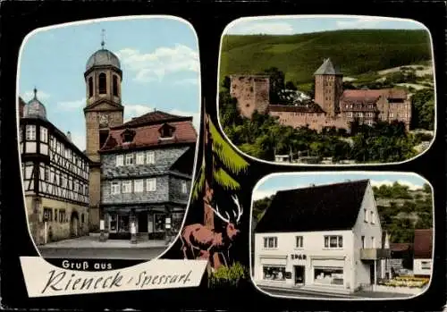Ak Rieneck im Spessart Unterfranken, Teilansichten, Spar, Fachwerkhaus, Turm