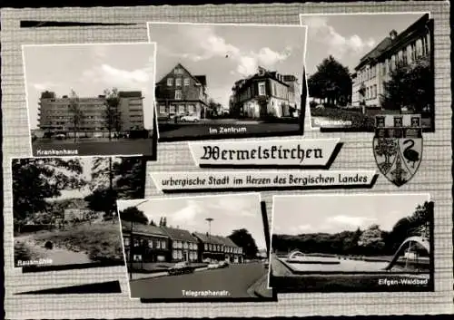 Ak Wermelskirchen im Bergischen Land, Krankenhaus, Zentrum, Gymnasium, Wappen, Rausmühle, Waldbad