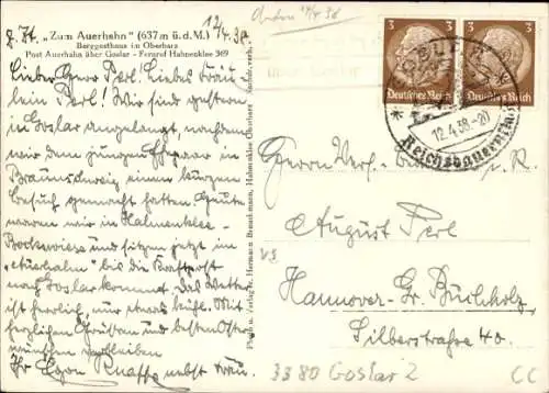 Ak Clausthal Zellerfeld Oberharz, Berggasthaus zum Auerhahn