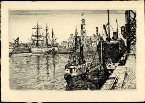 Ak Hansestadt Bremen, Freihafen, Segelschiffe, Originalradierung