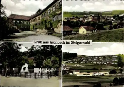 Ak Aschbach Schlüsselfeld im Steigerwald Oberfranken, Gesamtansicht, Friedhof, Skulptur