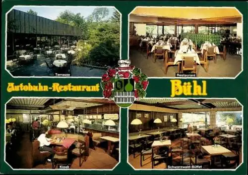 Ak Bühl in Baden Schwarzwald, Wappen, Autobahn-Restaurant, Terrasse, Kiosk, Schwarzwald-Büffet