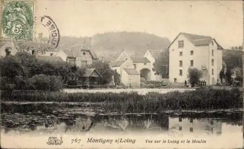 Ak Montigny sur Loing Seine et Marne, Vue sur le Loing, Moulin