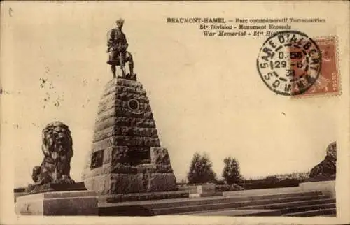 Ak Beaumont-Hamel Somme, Parc commemoratif Terreneuvien, War Memorial 51st Division