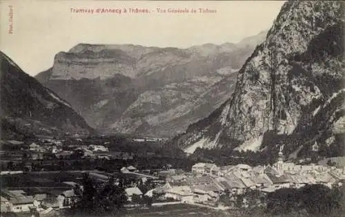 Ak Thônes Haute Savoie, vue generale Tramvay d'Annecy a Thones