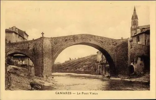 Ak Camares Aveyron, Pont Vieux, Kirchturm