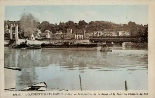 Ak Villeneuve Saint Georges Val de Marne, Perspective de la Seine et le Pont du Chemin de Fer