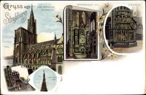 Litho Strasbourg Straßburg Elsass Bas Rhin, Das Münster, Astronomische Uhr, Kanzel